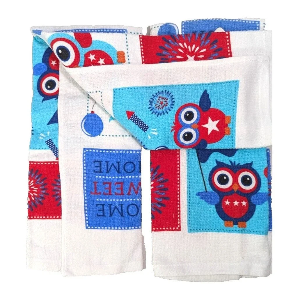 Patriotic Owls Kitchen Towels 2-Piece Fireworks Star Flag Red White Blue Cotton